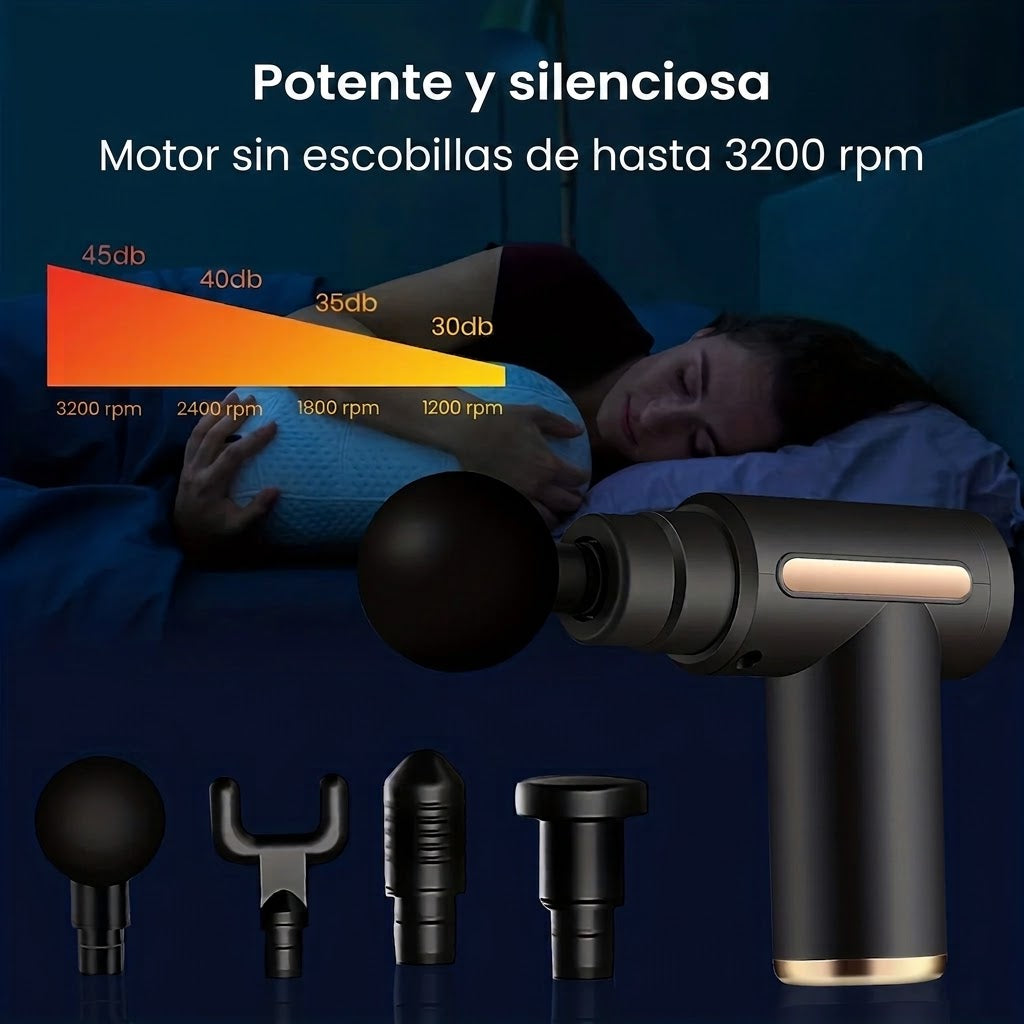 Pistola de Masaje Muscular Portátil · 6 Niveles y 4 Cabezales