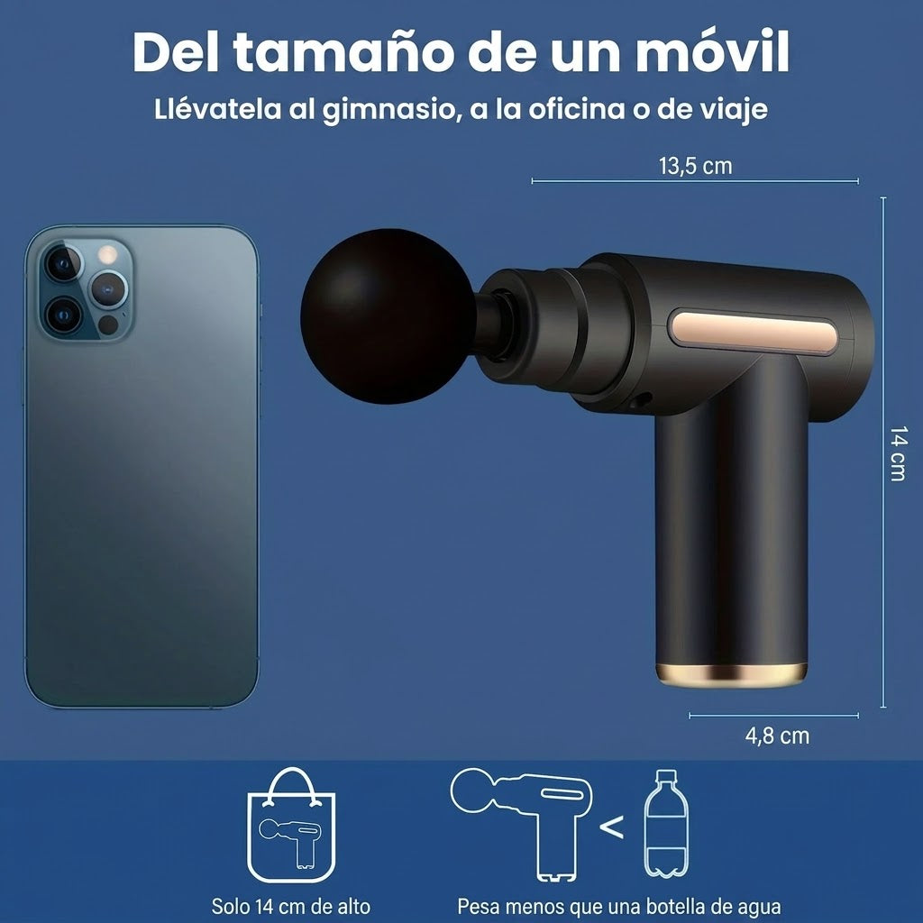 Pistola de Masaje Muscular Portátil · 6 Niveles y 4 Cabezales