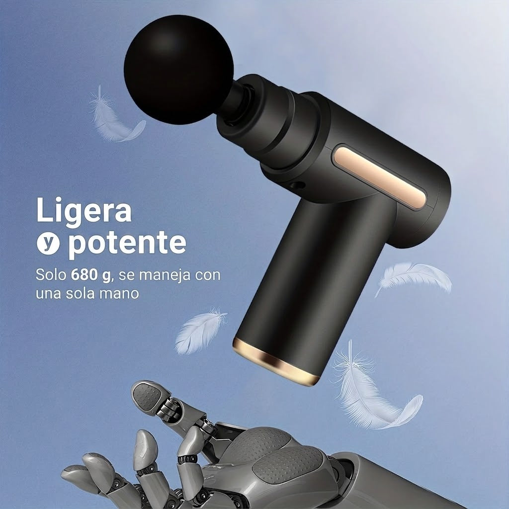 Pistola de Masaje Muscular Portátil · 6 Niveles y 4 Cabezales