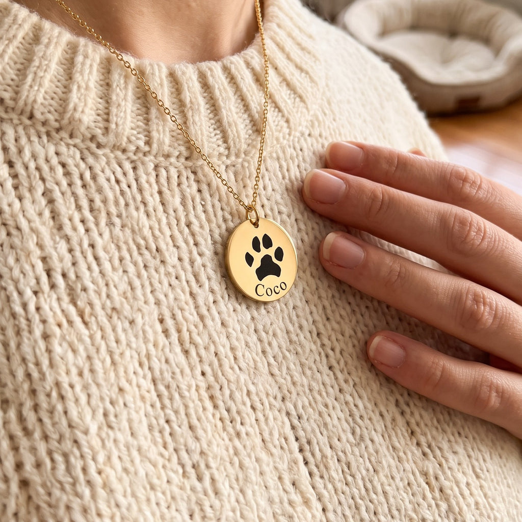 Collar con la huella de un perro y el nombre Coco puesto sobre un jersey de punto