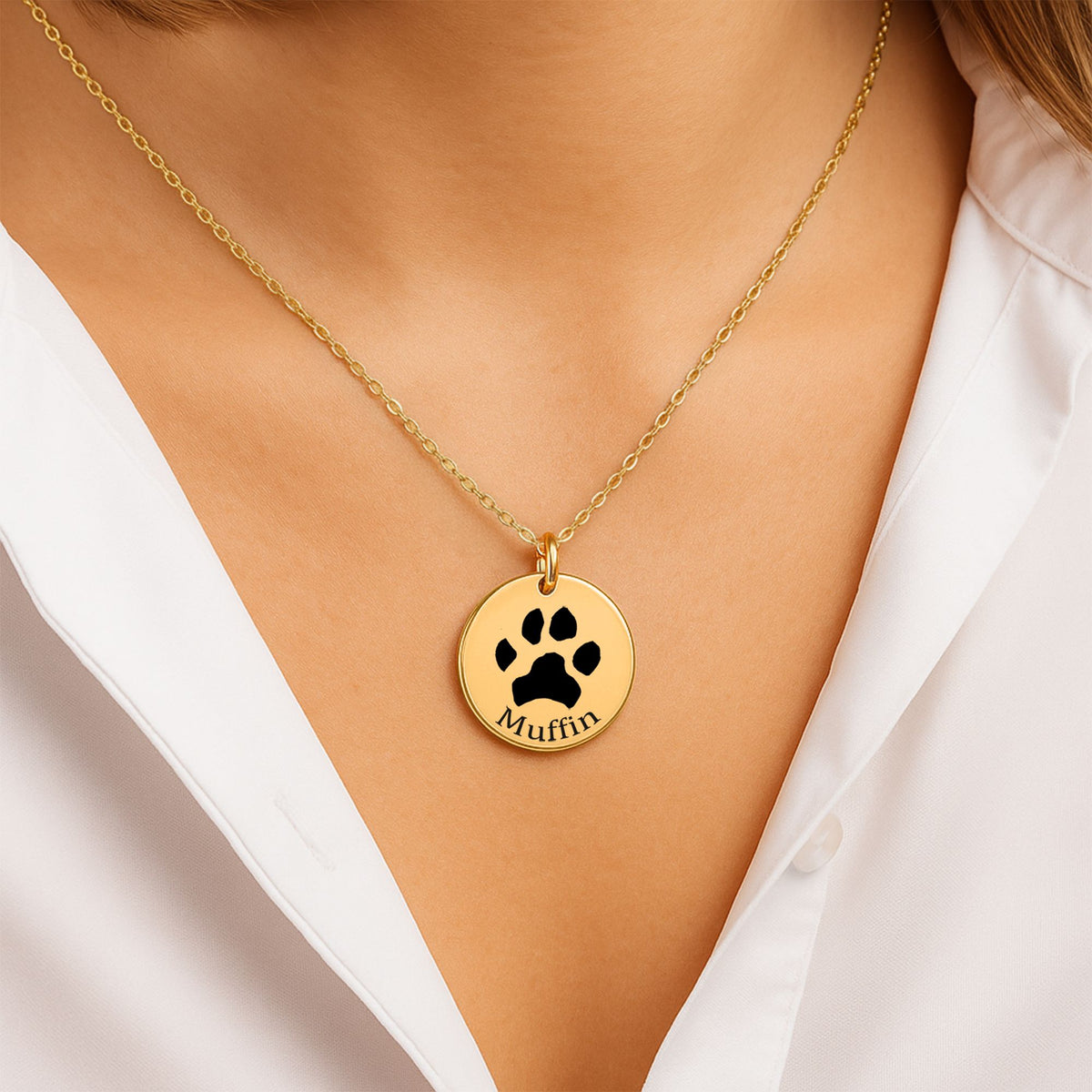 Collar dorado con la huella de un perro grabada, puesto en el cuello