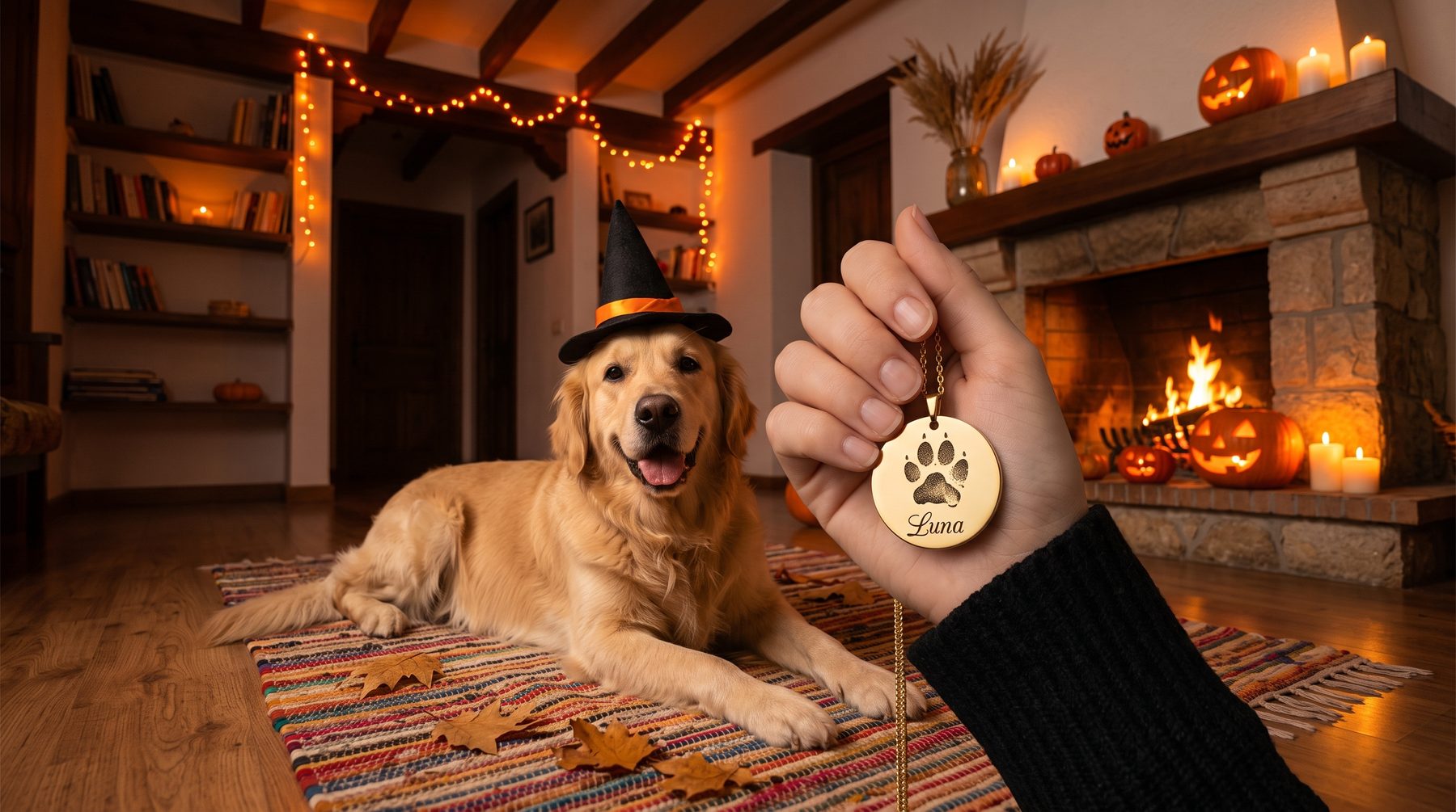Golden retriever disfrazado de bruja junto a un collar dorado con su huella y el nombre Luna