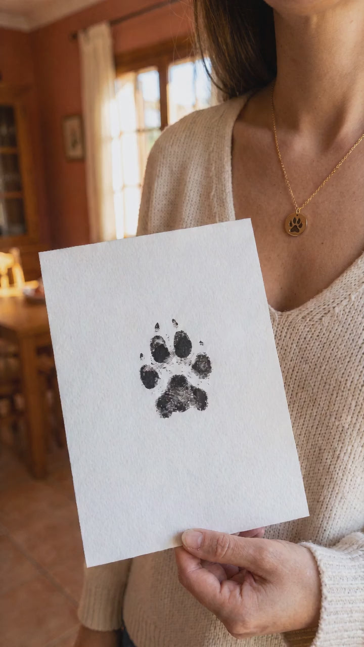 Huella de perro estampada con tinta en papel y el collar con su huella puesto
